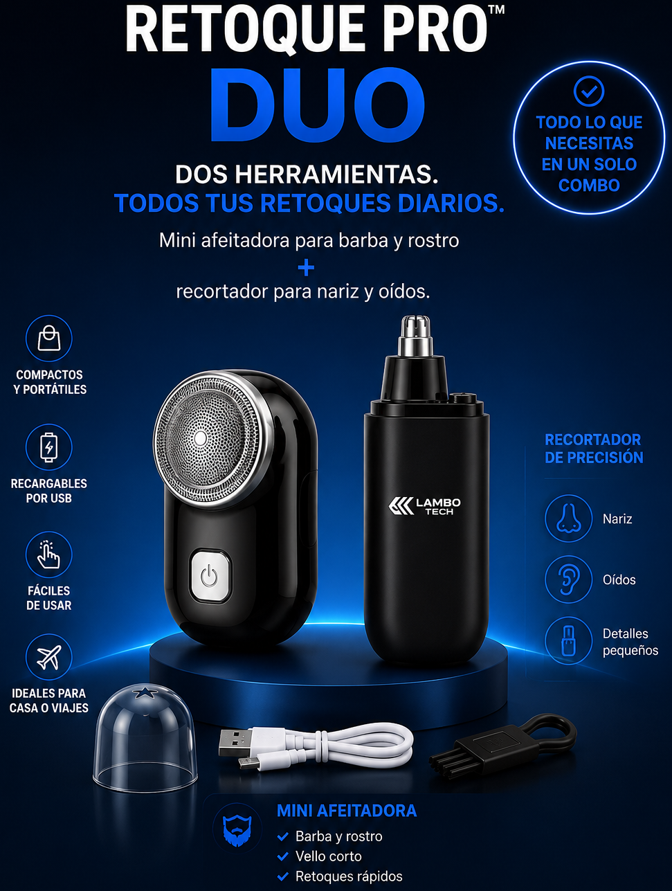 Retoque Pro™ Duo | Mini afeitadora + recortador de precisión
