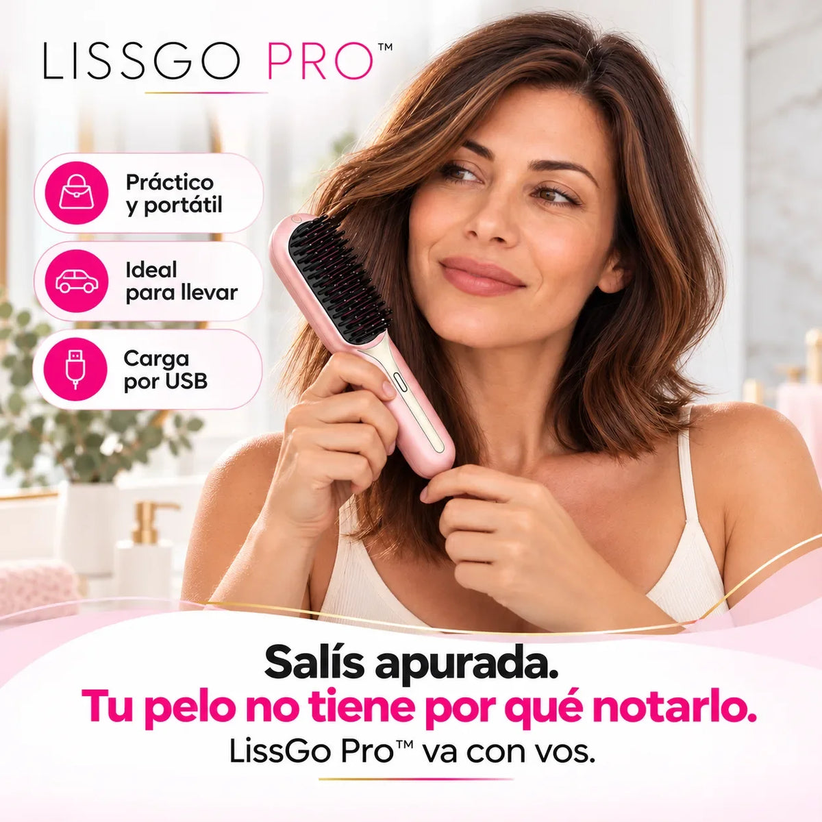 Mujer lista para salir con el cepillo alisador LissGo Pro