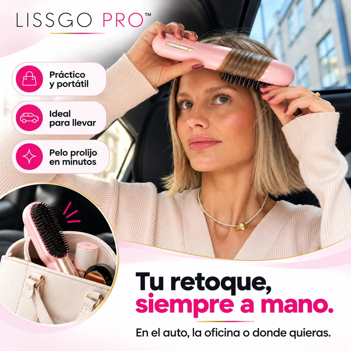 Mujer retocándose el pelo en el auto con el cepillo alisador LissGo Pro