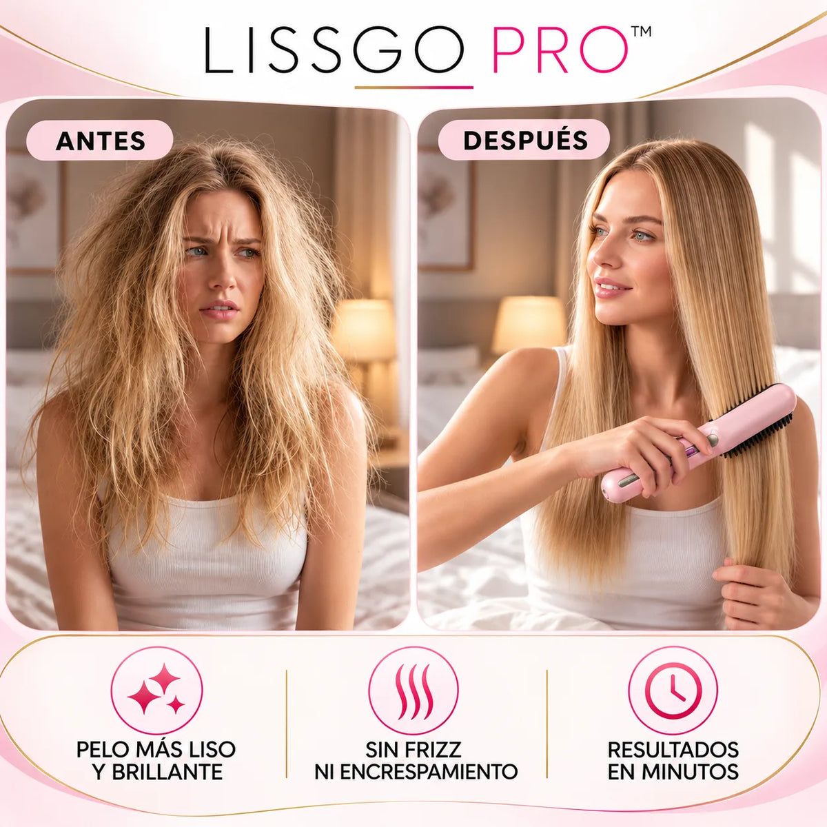 Antes y después ilustrativo: pelo con frizz y pelo más prolijo con el cepillo alisador